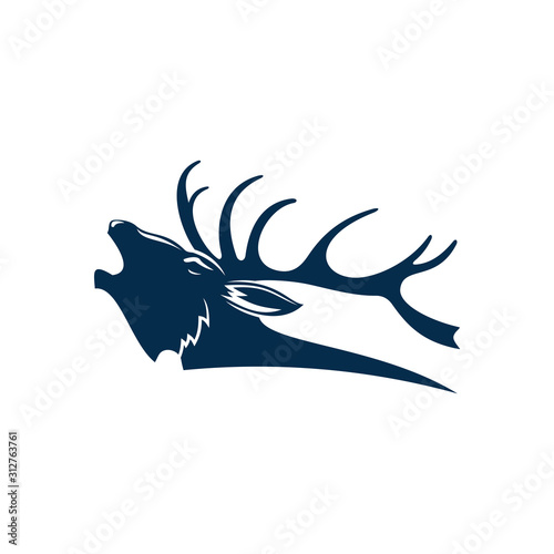 Roaring deer isolated black silhouette of red elk stag. Vector reindeer buck, head with antlers
