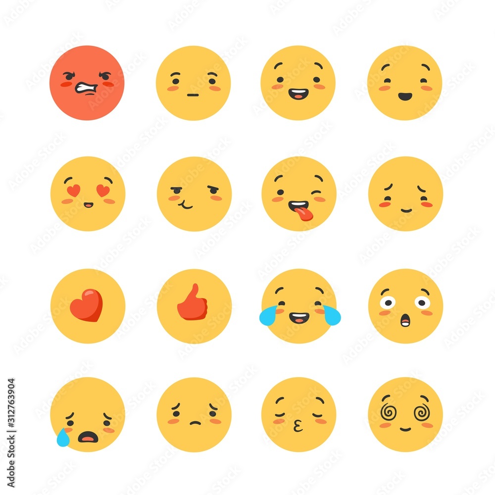Set of yellow round emoticons and emoji. Smiles to express emotions to communicate messages Set of yellow round emoticons and emoji. Smiles to express emotions to communicate messages