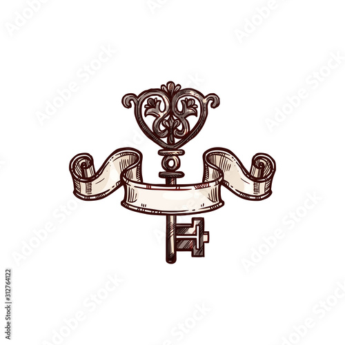 Vintage golden key with paper scroll isolated sketch. Vector heraldic key wrapped by ribbon