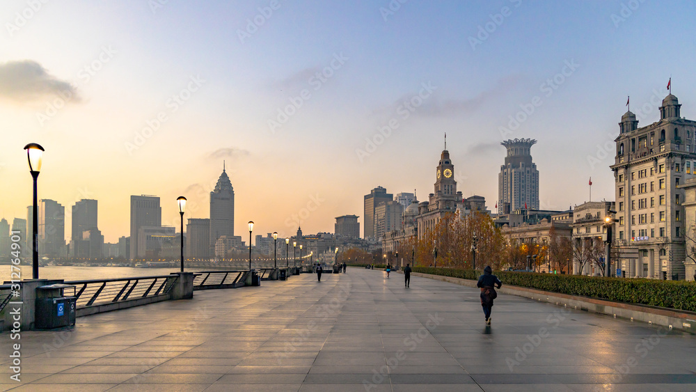 Shanghai at morning  The Bund, The Bund in Shanghai is a famous waterfront area in central Shanghai, China. - obrazy, fototapety, plakaty 