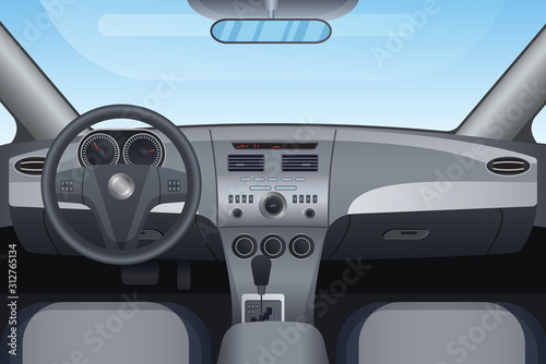 Realistic dark vehicle car interior vector illustration.