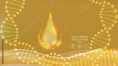 Hyaluronic acid skin solutions ad, gold collagen serum drop with cosmetic advertising background ready to use, illustration vector.	