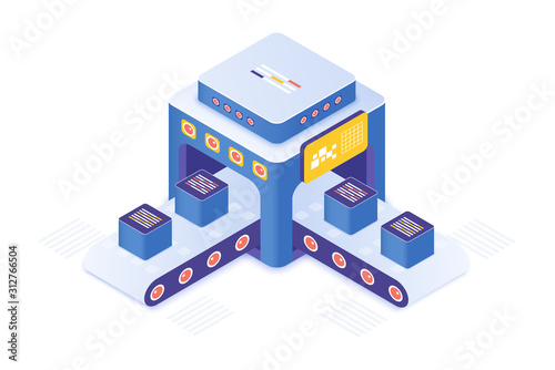 Cryptocurrency market place isometric vector illustration. Innovative technology for product distribution and segregation. Merchandise sorting facility. Retail cartoon conceptual design element