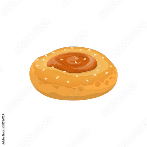 Baked bun with jam and sesame isolated. Vector Sufganiyot Hanukkah cookie, krapfen dessert