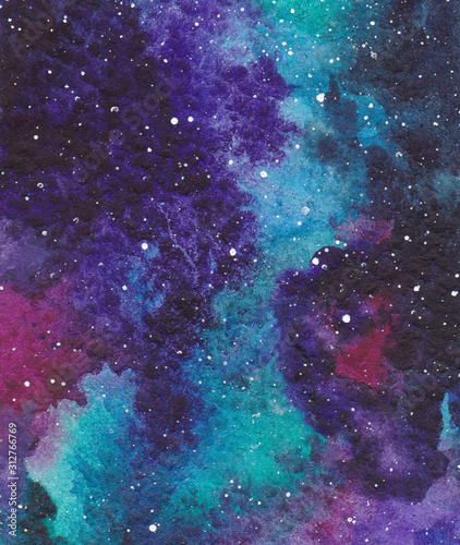 Fototapeta Naklejka Na Ścianę i Meble -  Watercolor illustration of beautiful space. Colorful galaxies. Design for typography, postcards, posters and prints.
