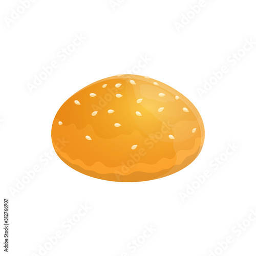 Round bread with sesame seeds isolated bakery food. Vector sandwich or hamburger bun