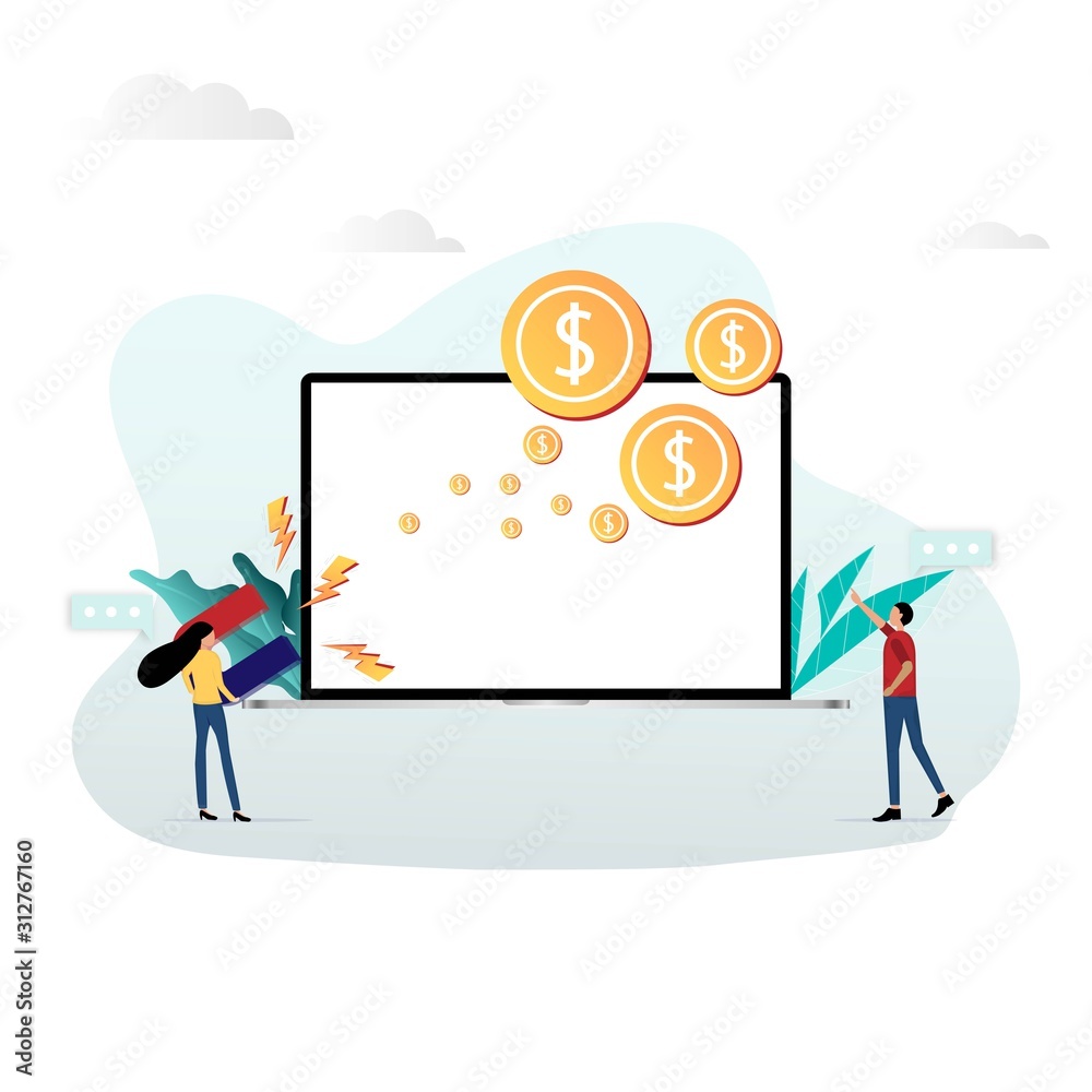 Businesswoman hold a big magnet to monetize the gold coin out of laptop by supporting from businessman. Businesswoman hold a big magnet to monetize the gold coin out of laptop by supporting from businessman.