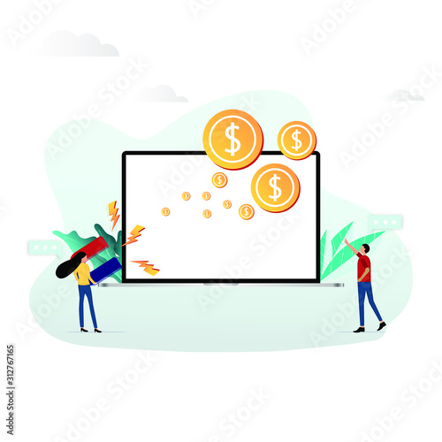 Businesswoman hold a big magnet to monetize the gold coin out of laptop by supporting from businessman.