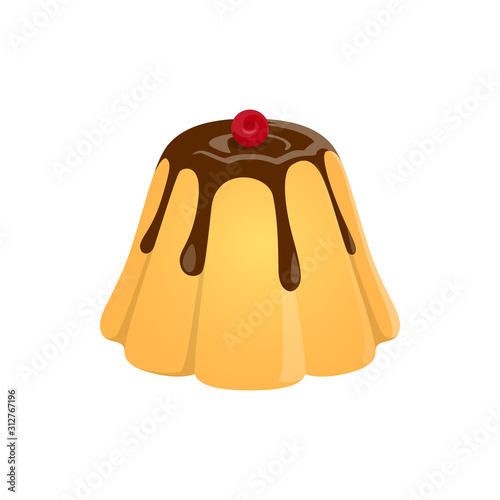 Tasty pudding with chocolate topped by cherry isolated jelly. Vector dessert custard, cream caramel