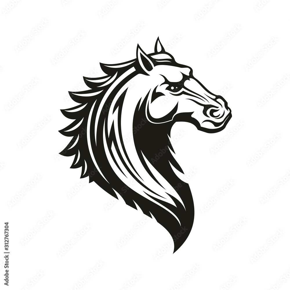 Fototapeta premium Horse head icon of black tribal animal. Wild mustang stallion or mare with curved neck and ornamental mane for tattoo, horse racing sport mascot or t-shirt print design