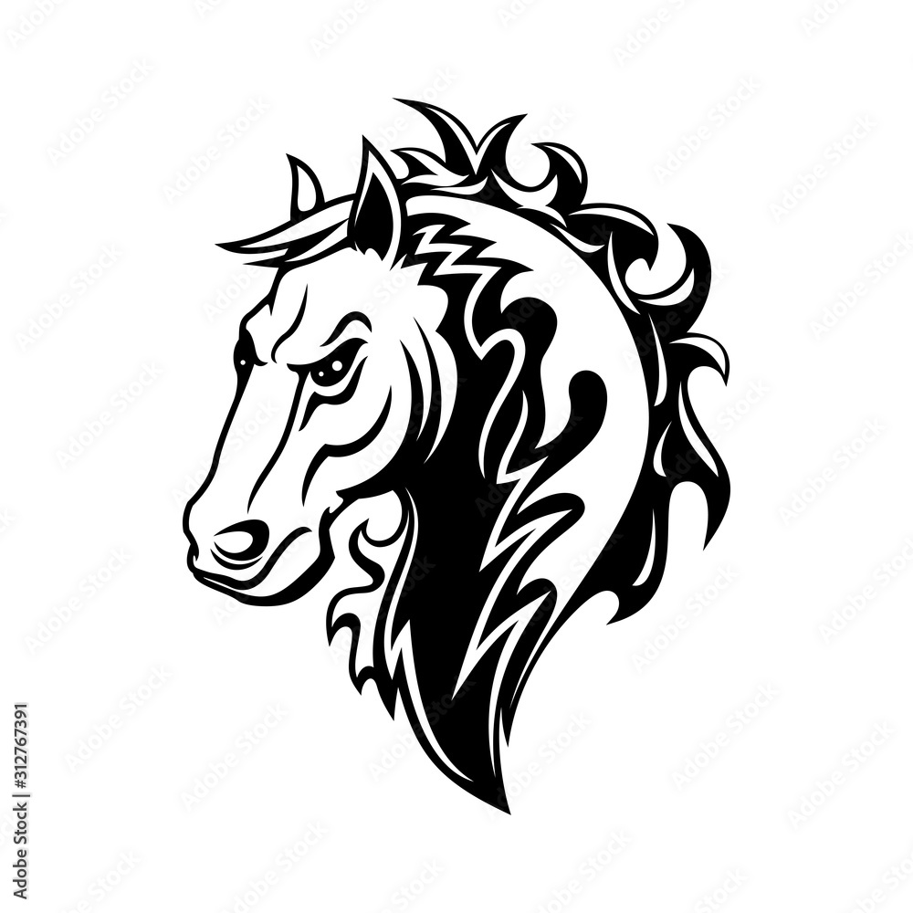 Horse or mustang animal isolated icon, tribal tattoo and equestrian sport mascot design. Black and white stallion or mare horse head with angry muzzle and curly mane