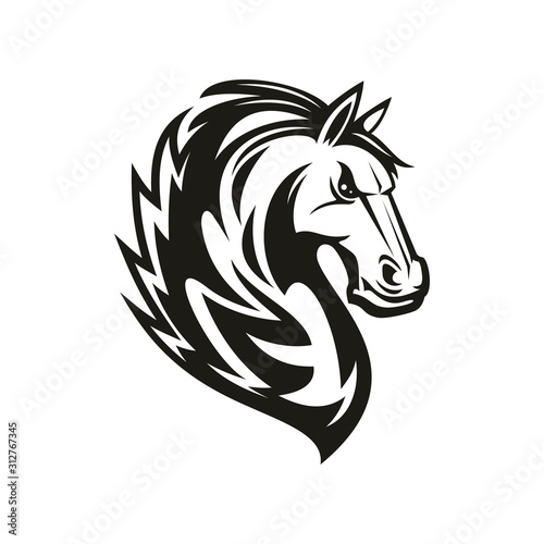 Racehorse animal, equestrian sport mascot, isolated horsey tattoo. Vector mustang horse head