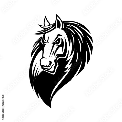 Horse or mustang animal isolated icon, tribal tattoo and equestrian sport mascot design. Black and white stallion or mare horse head with angry muzzle and curly mane