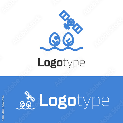 Blue line Smart farm with drone control and tree icon isolated on white background. Innovation technology for agricultural company. Logo design template element. Vector Illustration
