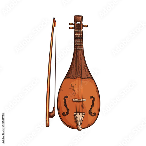 Rebec isolated retro musical instrument. Vector bowed stringed instrument with bow, arab music