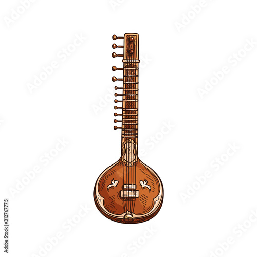 Indian sitar isolated plucked stringed instrument. Vector retro musical tool, Hindustani classical music