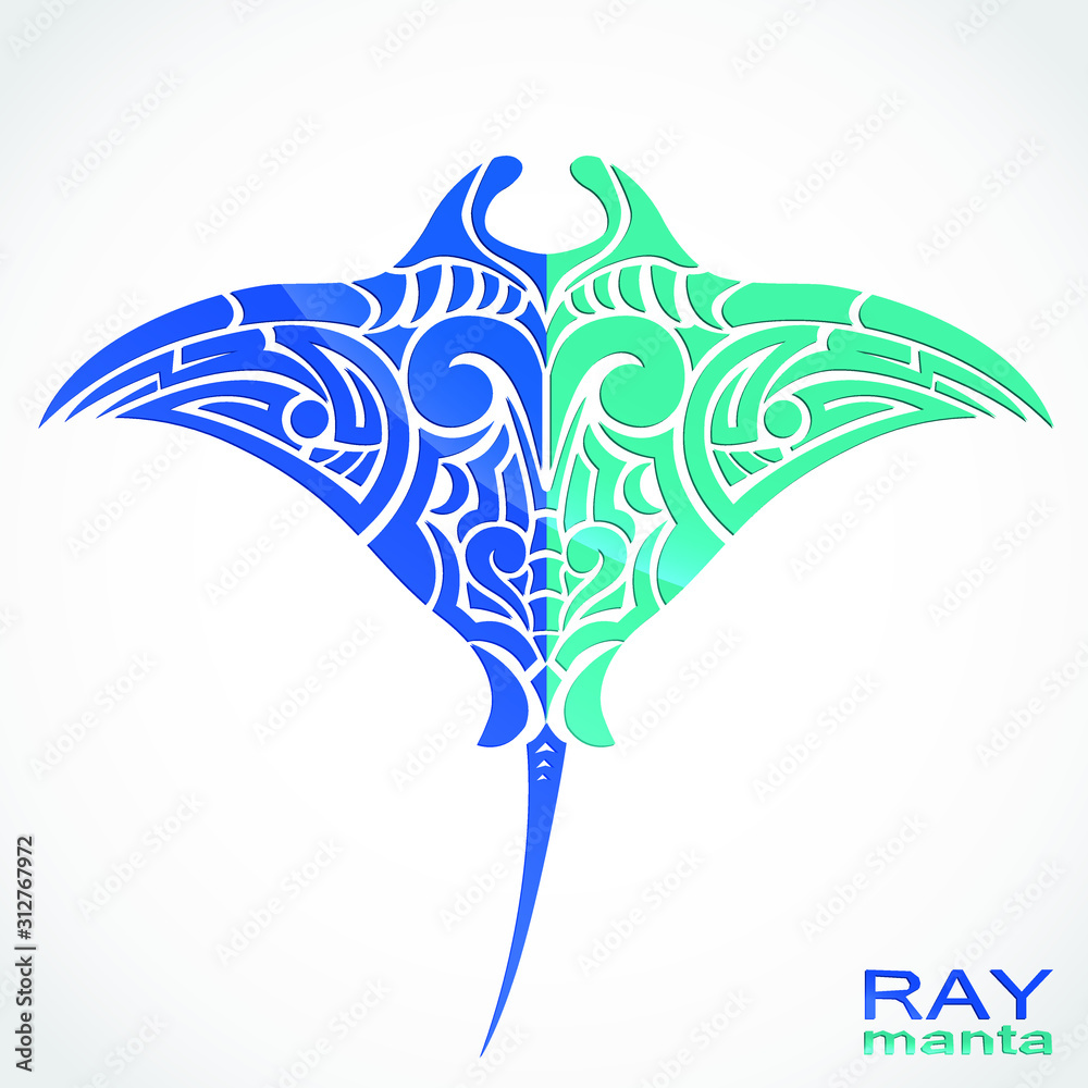 manta ray blue green color ornamental symbol - obrazy, fototapety, plakaty 
