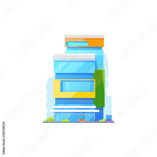 Panoramic skyscraper, modern exterior building vector isolated. Bank or financial structure, office center
