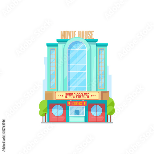 City building, cinema or movie theater. Vector facade, construction or public place, entertainment. Urban architecture with glass entrance, several storey and signboard on roof or wall, outdoor