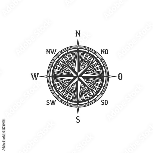 Compass symbol and sign, isolated vector marine navigation element. Rose of wind heraldic monochrome signs with world sides, north and south, west and east. Geography and cartography, map