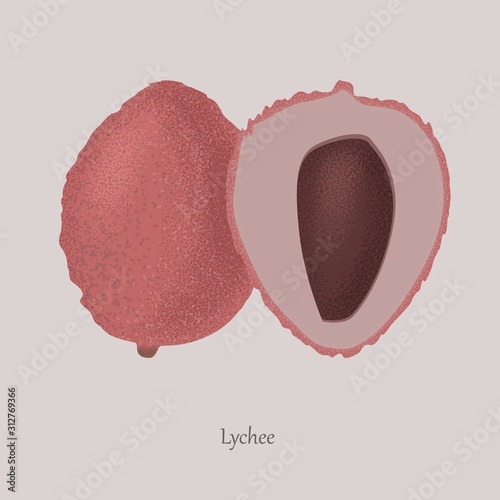 Tropical lychee fruit whole and cut in half. Litchi chinensis healthy sweet exotic fruit on a gray background.