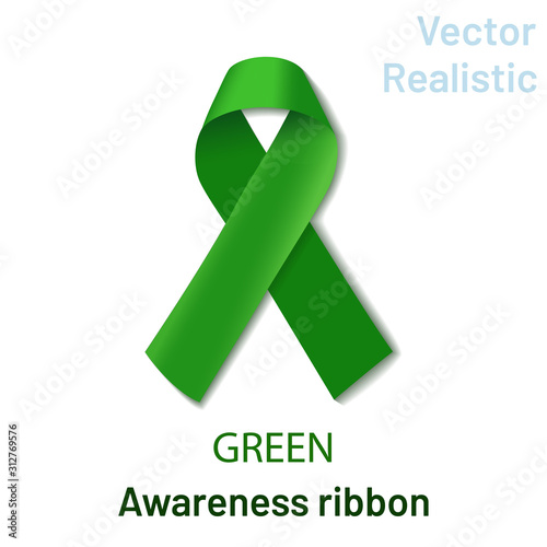Realistic green ribbon folded in a loop on a white background. A green crossed ribbon is a symbol of the problem: cerebral palsy; Lyme disease; organ transplantation and organ donation; kidney cancer;