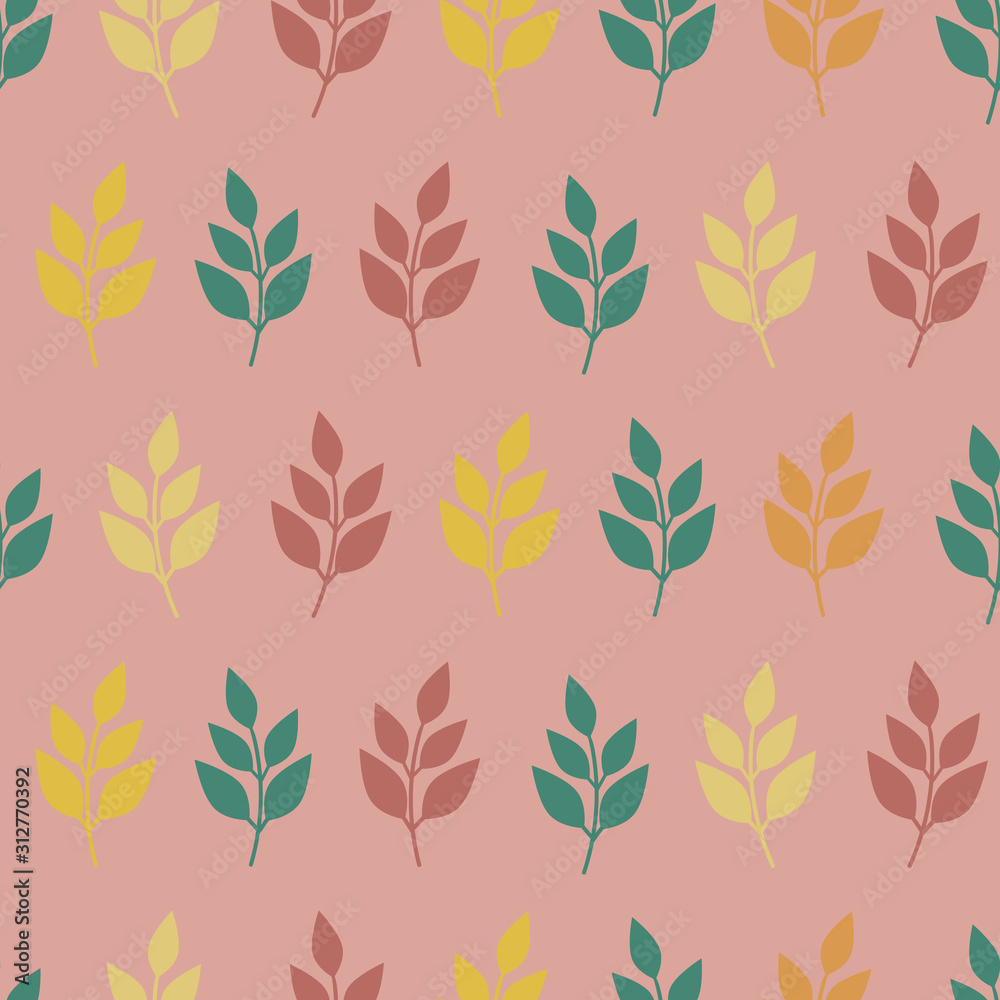 Seamless pattern with multicolored leaves on pink background. Cute kids vector art. Seamless pattern with multicolored leaves on pink background. Cute kids vector art.