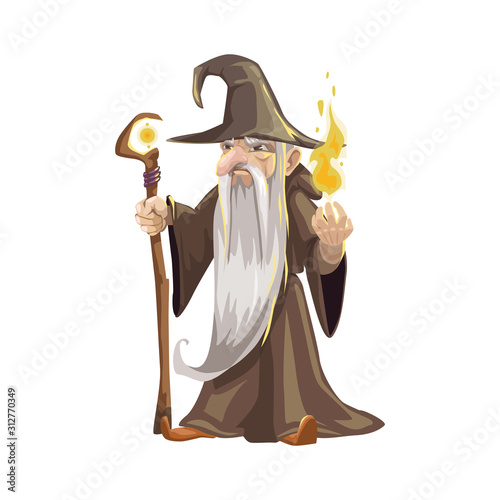 Wizard icon, Halloween character isolated vector. Elderly man with scepter and flame
