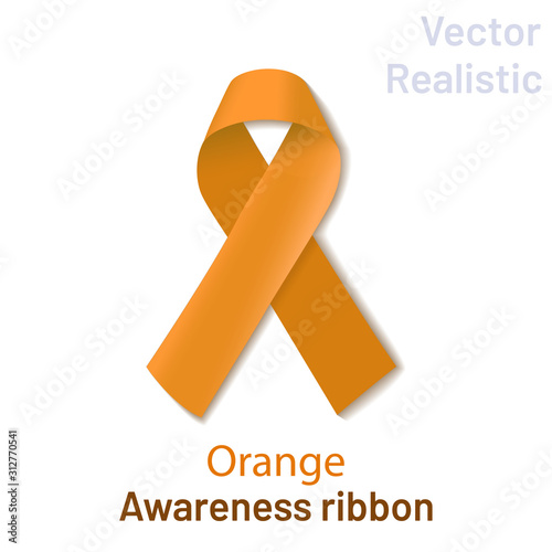 Realistic orange ribbon folded in a loop on a white background. A bright orange crossed ribbon is a symbol. Problem of attention deficit hyperactivity disorder; an association of kidney cancer, 