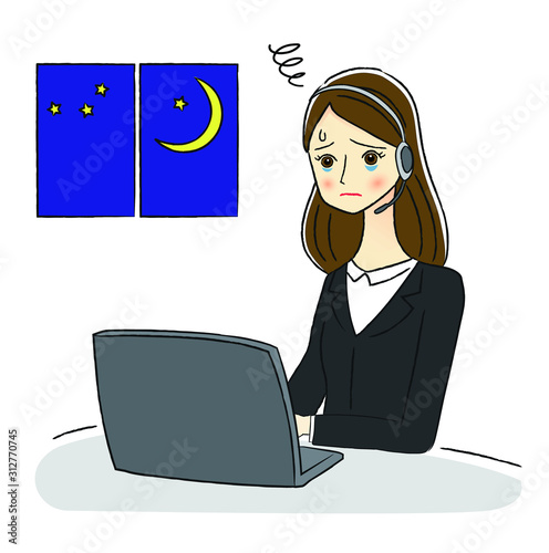残業するオペレーターの女性のイラスト