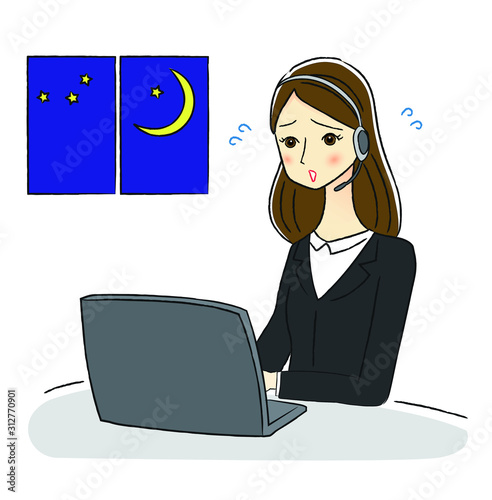 残業するオペレーターの女性のイラスト