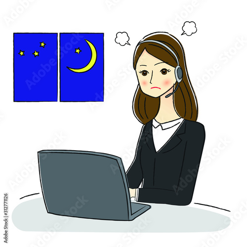 残業するオペレーターの女性のイラスト