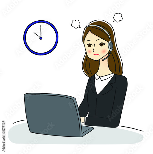 残業するオペレーターの女性のイラスト