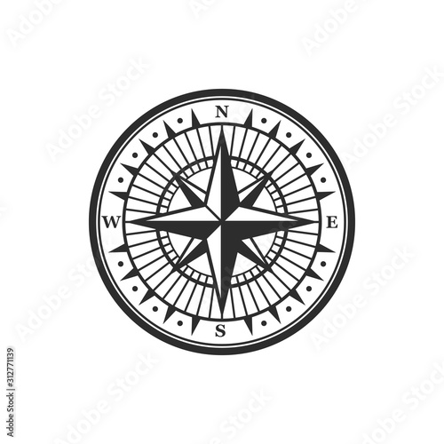 Old navigation compass heraldic icon. Vector Winds Rose symbol of nautical compass of marine and seafarer journey, ship sail navigator with direction arrow pointers to East, West or North and South