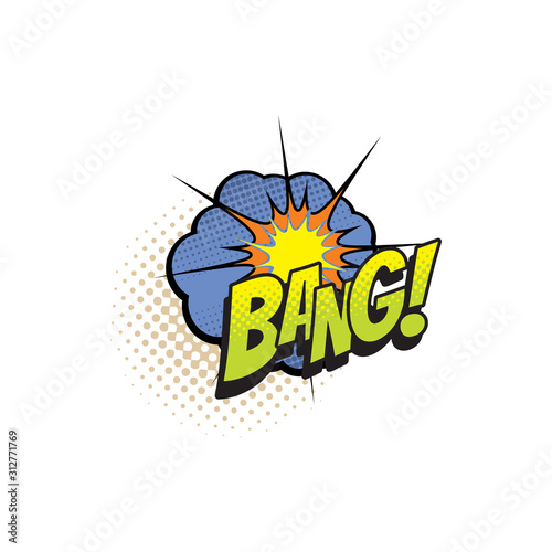 Comic book sound blast, Bang cloud cartoon halftone pop art icon. Vector Bang sound blast and shot explosion cloud