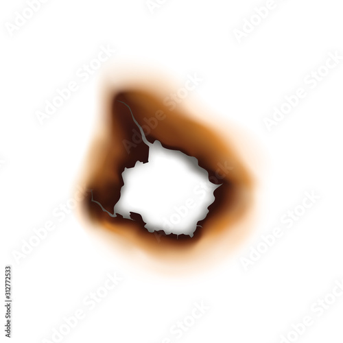Paper sheet damaged by fire isolated burnt hole. Burnt hole in sheet of paper isolated damaged by fire surface. Vector torn page with brown ash