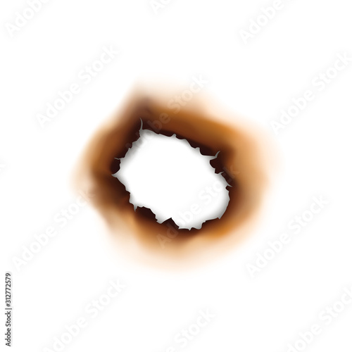 Paper sheet damaged by fire isolated burnt hole. Burnt hole in sheet of paper isolated damaged by fire surface. Vector torn page with brown ash