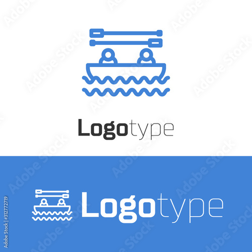 Blue line Boat with oars and people icon isolated on white background. Water sports, extreme sports, holiday, vacation, team building. Logo design template element. Vector Illustration