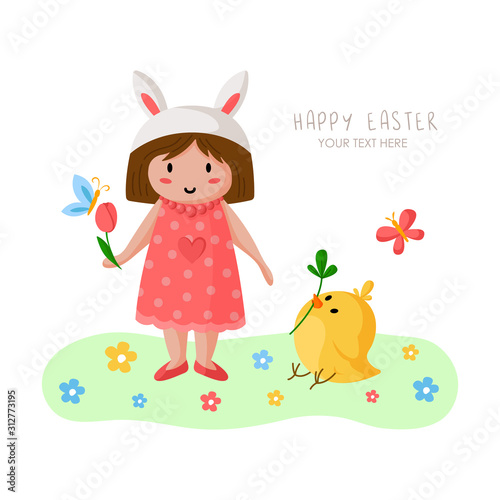 Cartoon girl on Easter Day  happy kid in holiday rabbit costume and pink dress  flowers and chicken on green spring medow  cute cartoon greeting card  poster  print - vector illustration
