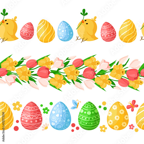 Easter Day seamless borders with colorful easter eggs, chickens, butterfly, spring flowers - yellow daffodil, pink tulip, snowdrop, endless bordure or brush on white - vector set for holiday design