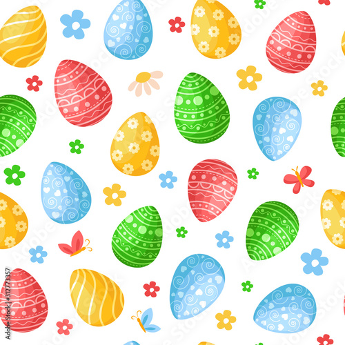 Easter Day - seamless pattern with easter eggs, flowers on white background, colorful background or endless texture for textile decoration, ideal for fabric, wrapping, scrapbooking paper - vector