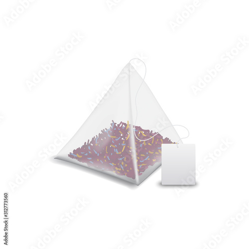 Teabag pyramid with label isolated floral or fruit tea pack mockup. Vector tea bag with blank tag