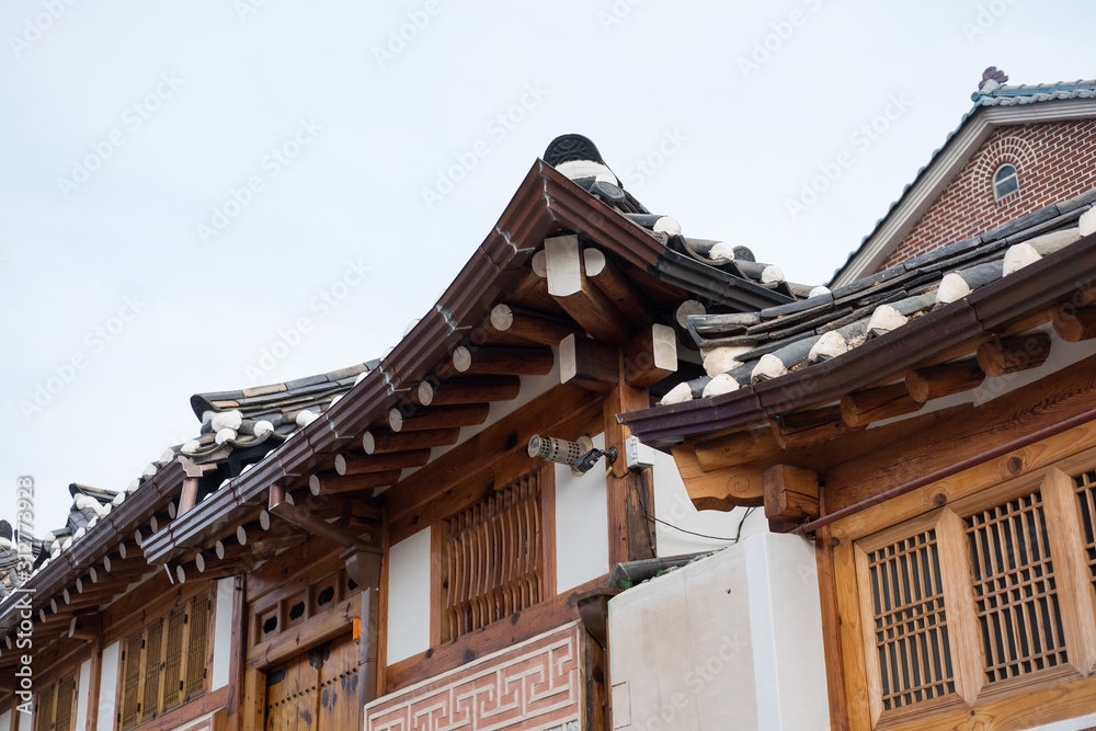 Detail of building in Bukchon Hanok Village, a Korean traditional village in Seoul, South Korea