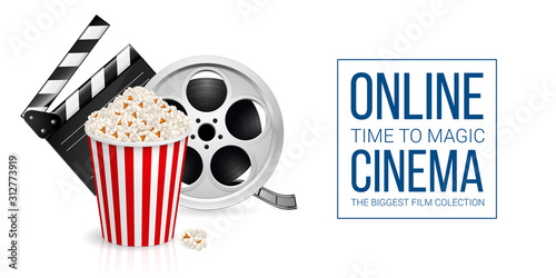 Cinematograph Concept Banner Design Template with Movie Clapper Board, Popcorn in the Striped Bag and Film Reel Over White Background. Cinematography Movie Festival Concept