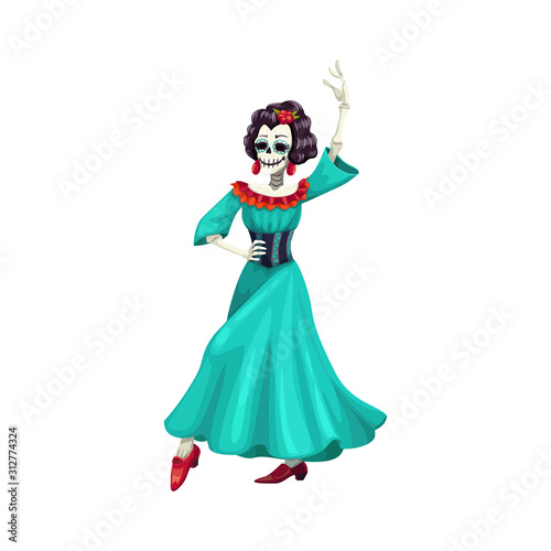 Woman skeleton in blue dress with roses isolated dancer. Vector catrina calavera skull, Day of Dead