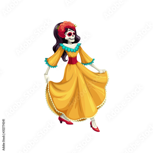 Woman with painted calavera skull isolated dancer in dress. Vector Cinco de mayo holiday