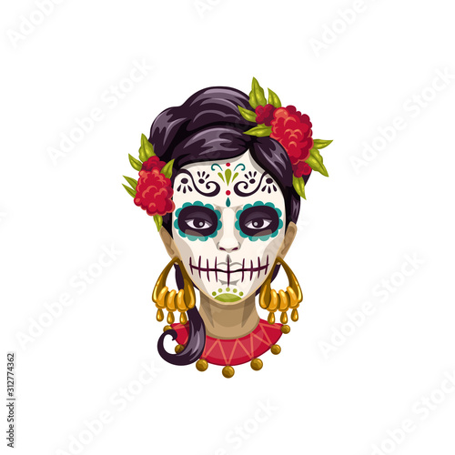 Woman in Catrina Calavera skull painting, mexican Day of dead symbol. Vector sugar face isolated