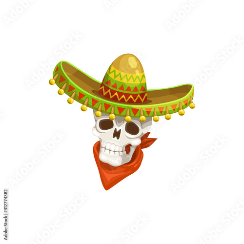 Mexican skull in sombrero hat and red neckerchief isolated. Vector Cinco de Mayo day of dead symbol