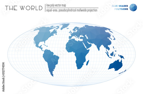 Polygonal world map. Equal-area, pseudocylindrical Mollweide projection of the world. Blue Shades colored polygons. Beautiful vector illustration.
