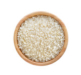 Japanese rice in wooden bowl isolate on white